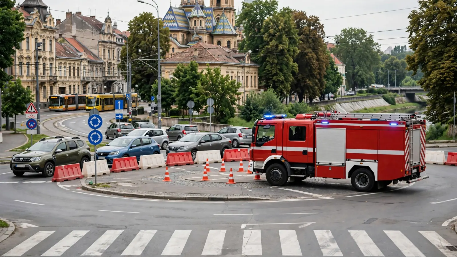 Mașini de intervenție și autospecială de pompieri la locul unui accident rutier într-un sens giratoriu