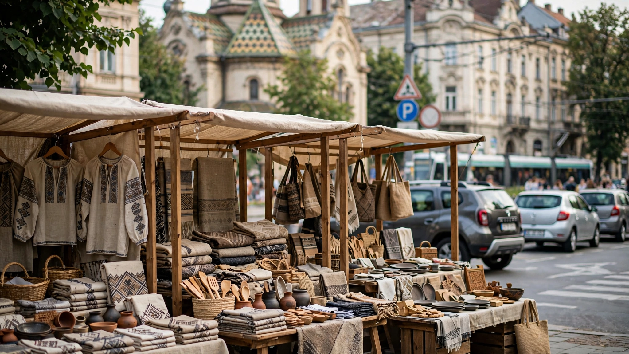 Standuri cu îmbrăcăminte și produse tradiționale la Salonul Industriei Ușoare din Timișoara