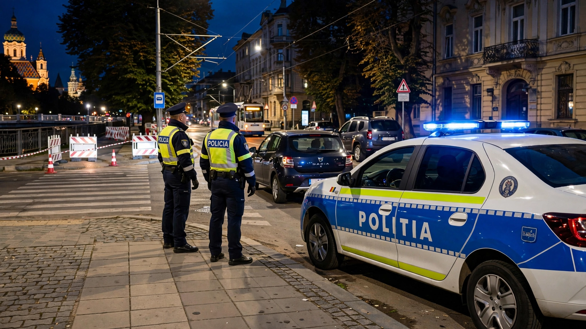 Echipaj de poliție pe timp de noapte pe o stradă din Timișoara