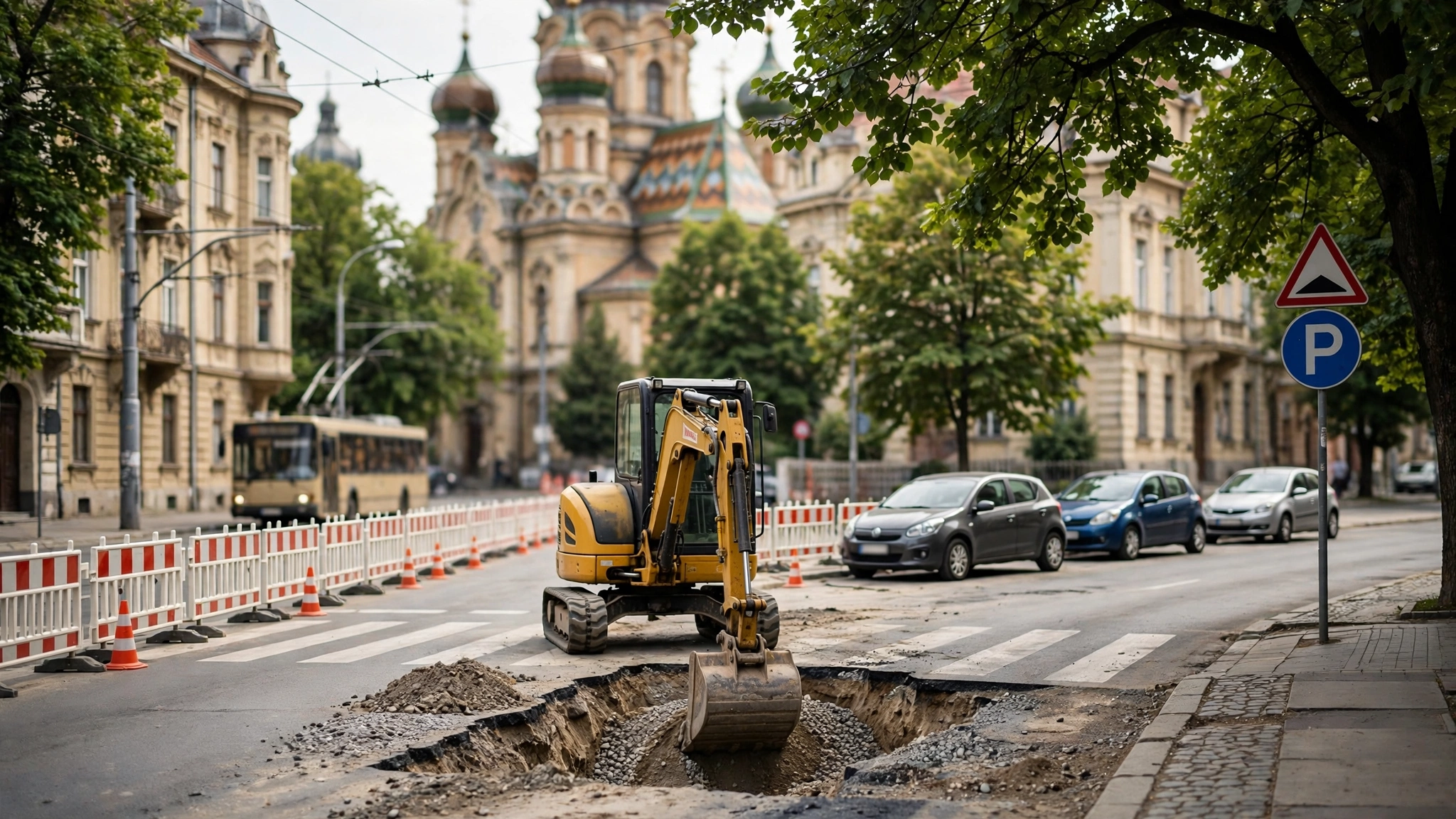Utilaj de lucru pe o stradă din Timișoara, în timpul lucrărilor de reparații rutiere