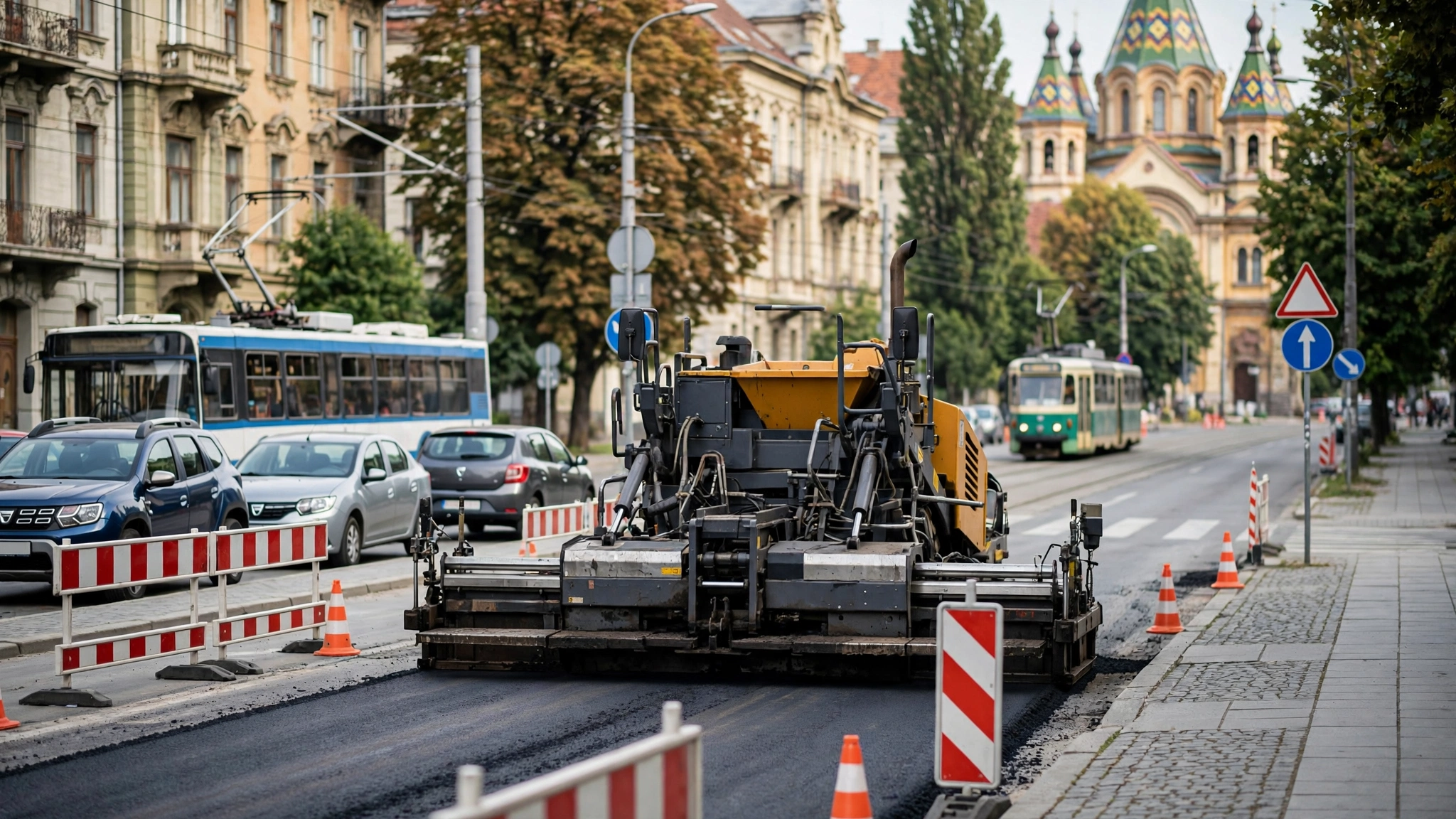 Utilaj de asfaltare pe o stradă din Timișoara