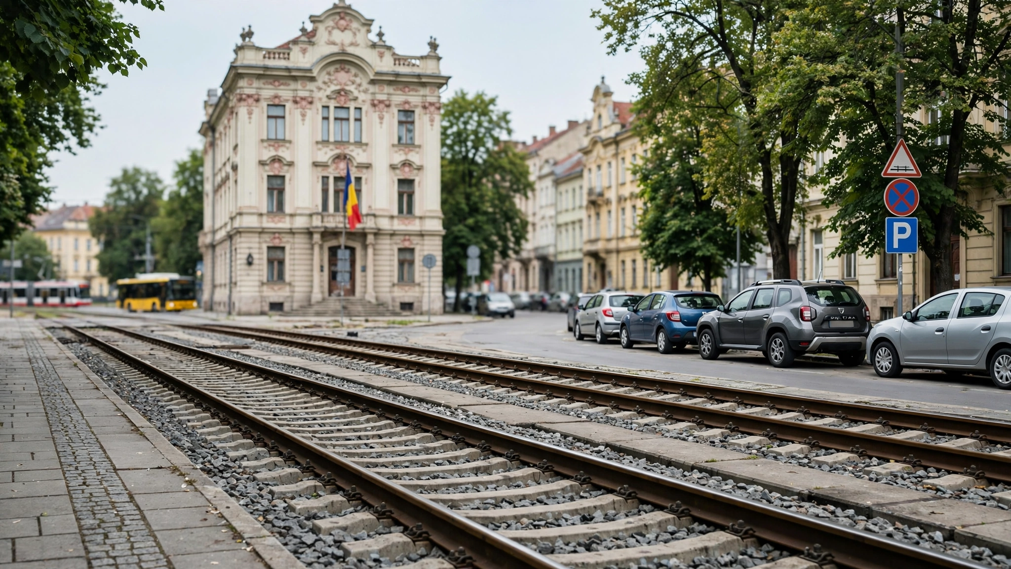 Șine de cale ferată pe traseul viitorului tren metropolitan din zona Timișoara