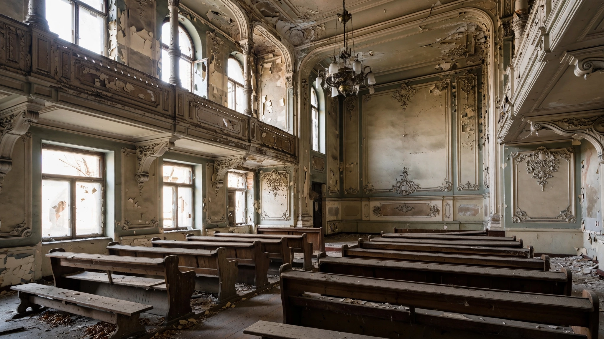 Interiorul sinagogii neologe din cartierul Fabric din Timișoara, cu urme vizibile de degradare