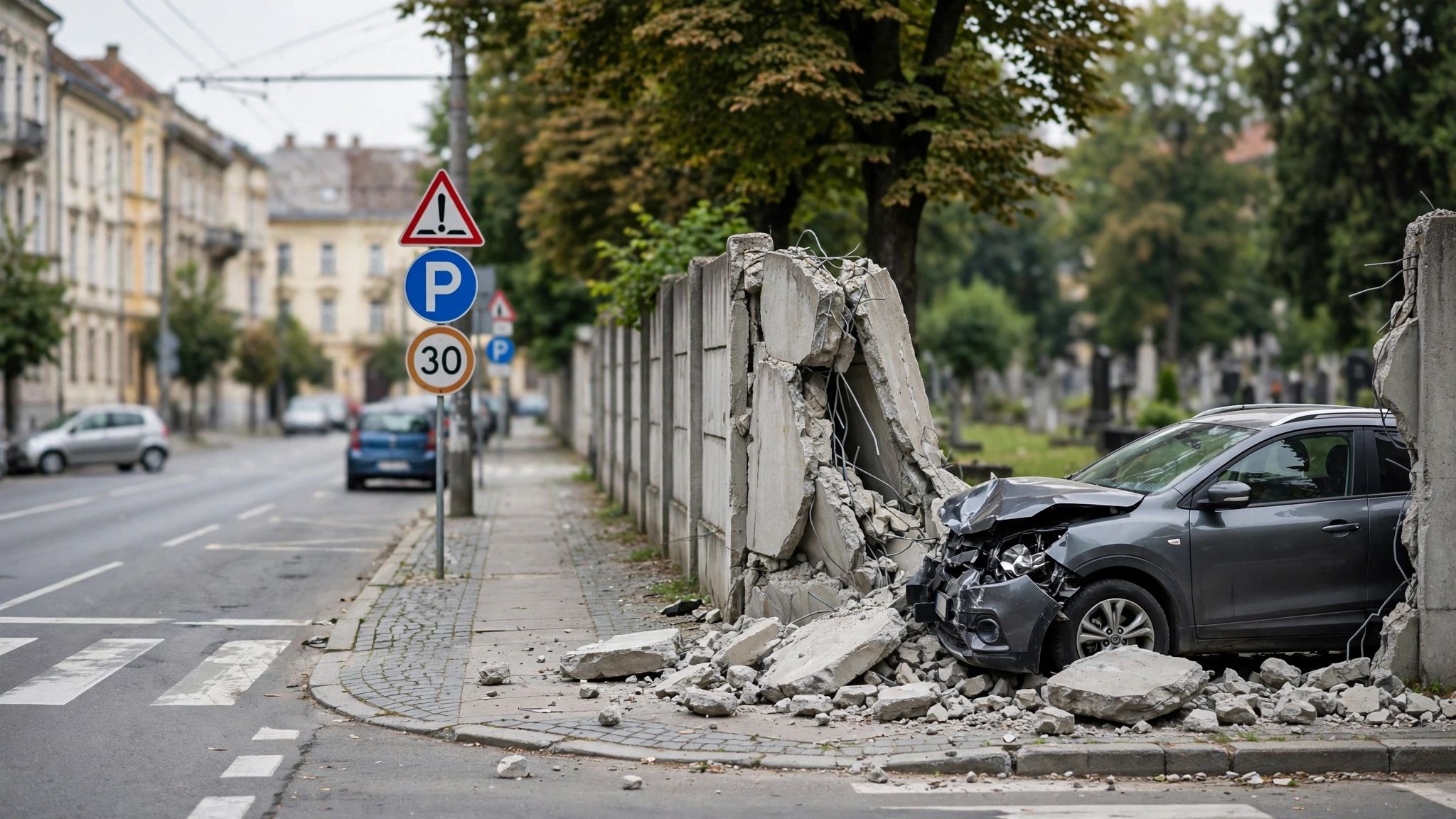 Gardul de beton al cimitirului din Lipovei, avariat după impactul cu o mașină
