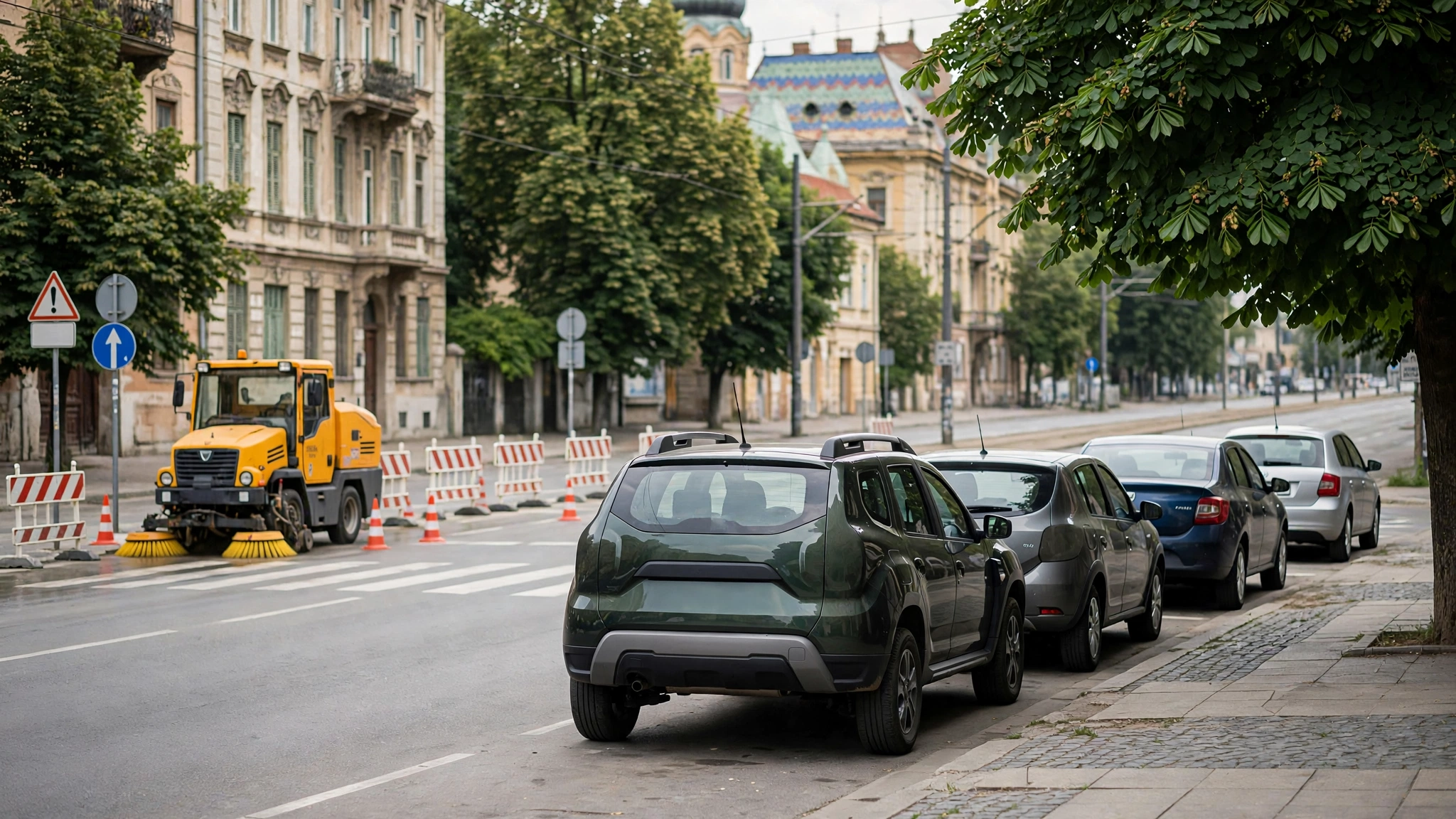 Mașini parcate pe o stradă din Timișoara, în timpul unei intervenții de curățenie stradală