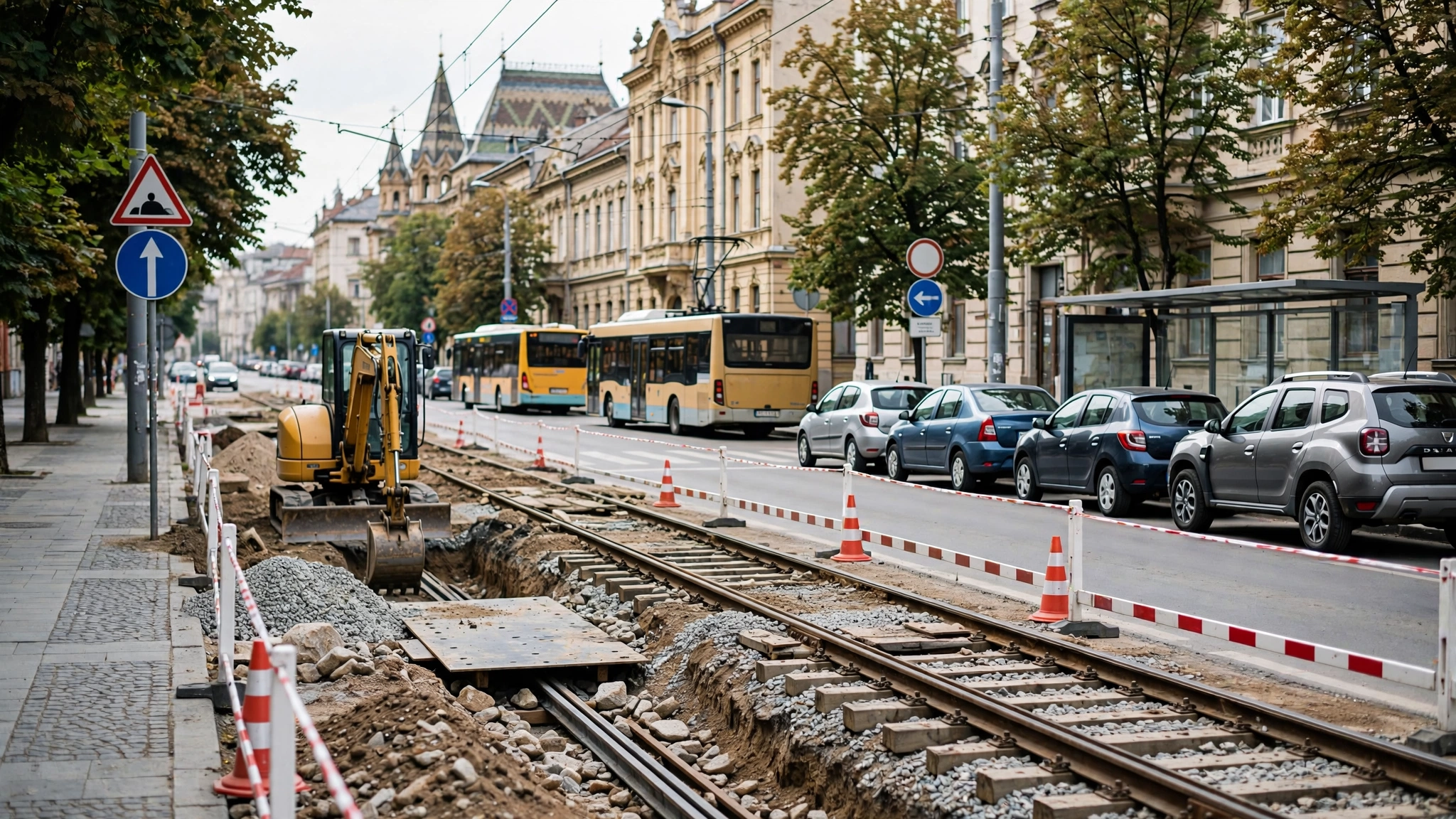 Utilaje de construcție pe strada Gării din Timișoara, la începutul lucrărilor pentru noua linie de tramvai
