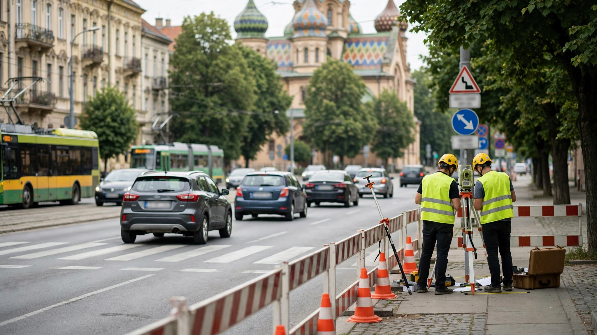 Trafic auto pe o stradă din Timișoara, cu echipe de specialiști care fac măsurători