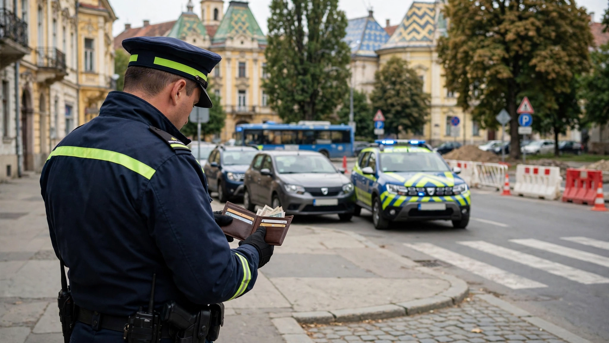 Polițist local din Timișoara ținând un portofel găsit pe stradă