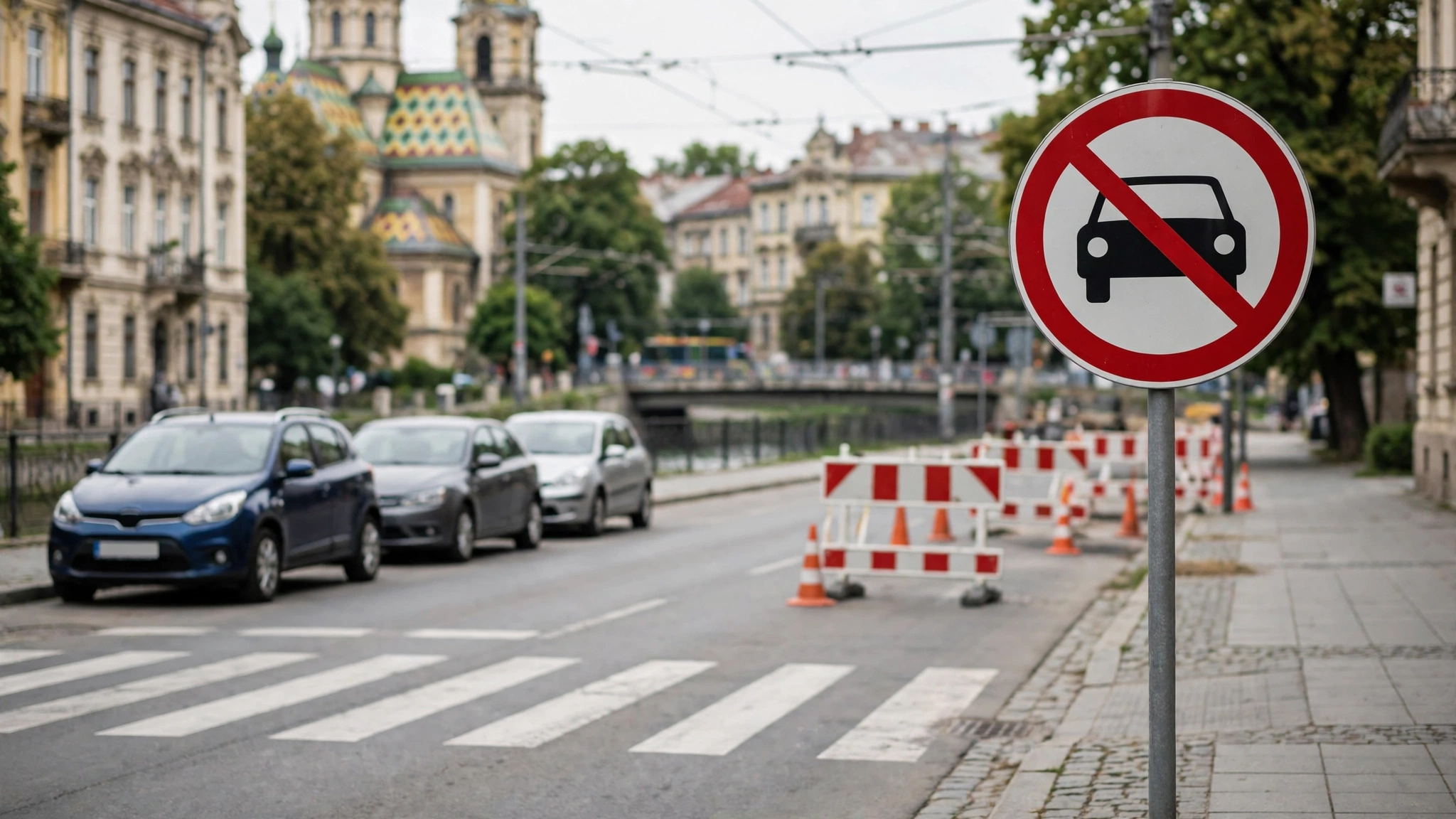 Semn de restricție de circulație pe o stradă din Timișoara