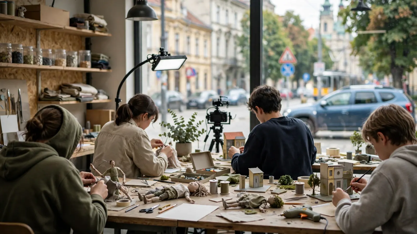 Tineri participanți la atelierul AnimaDOK 4 lucrând la păpuși și decoruri pentru animație stop-motion la Plan Zero Makerspace din Timișoara