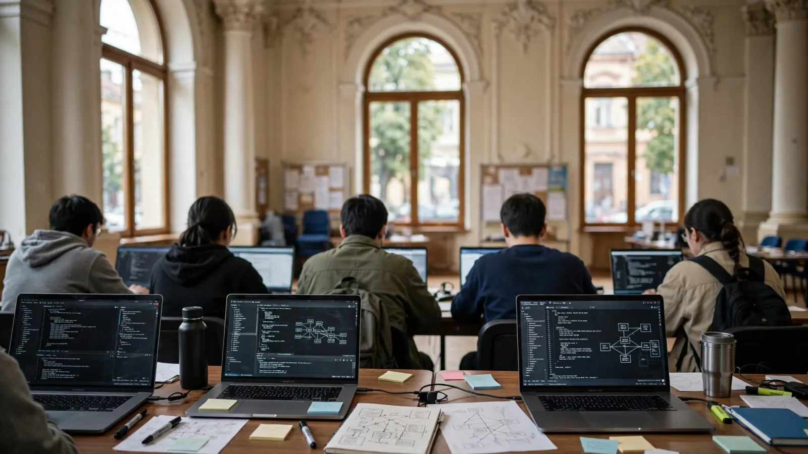 Studenți participanți la o competiție de securitate cibernetică, lucrând la laptopuri într-o sală a Universității Politehnica Timișoara