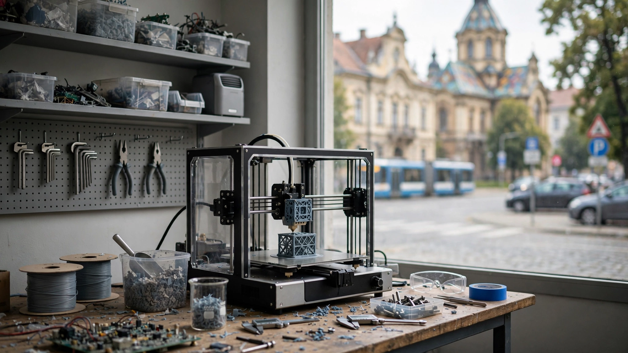 Imprimantă 3D într-un laborator de robotică, folosită pentru reciclarea plasticului