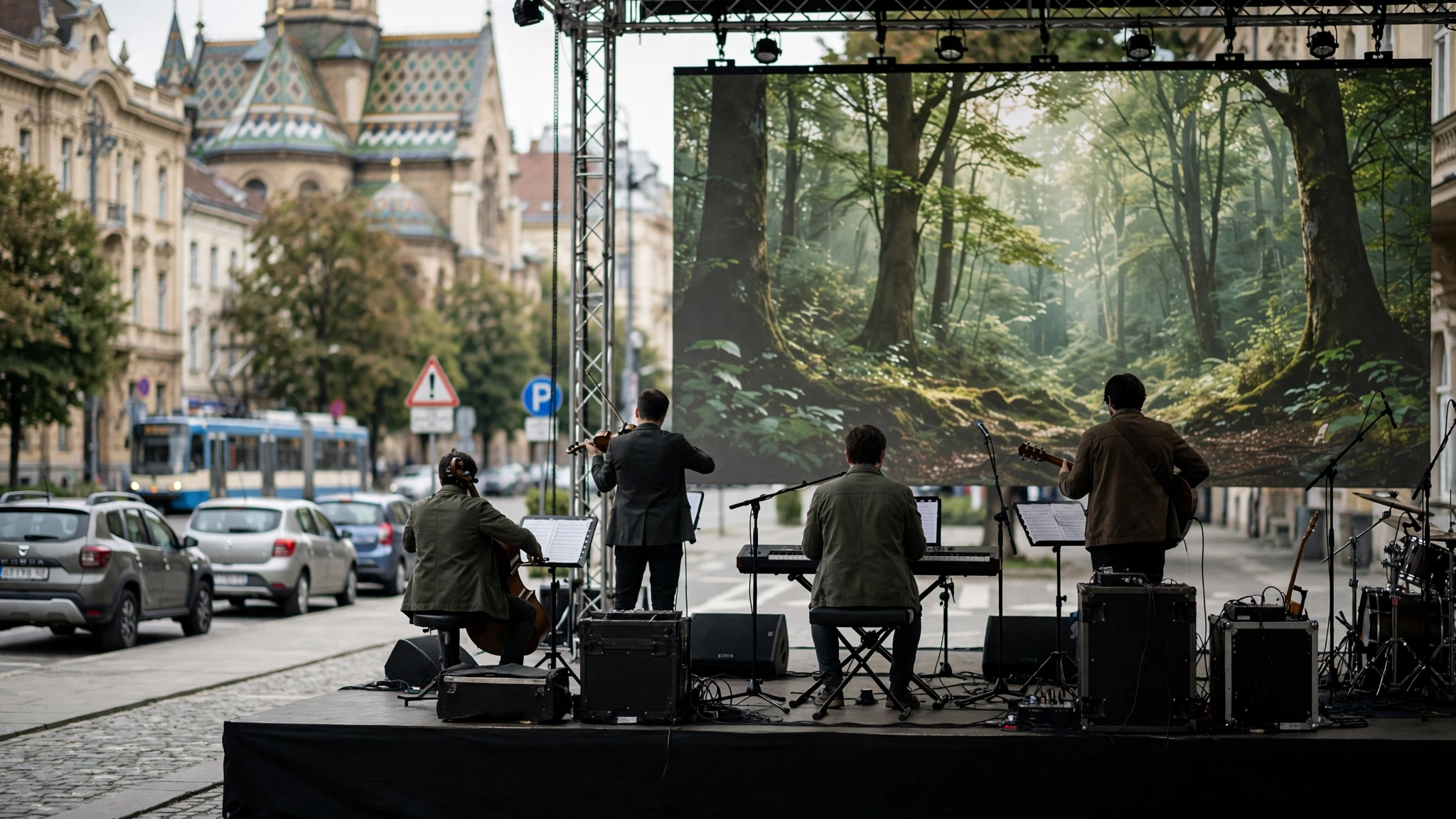 Muzicieni pe scenă în timpul spectacolului „woody – a movieopera”, cu proiecții de pădure în fundal